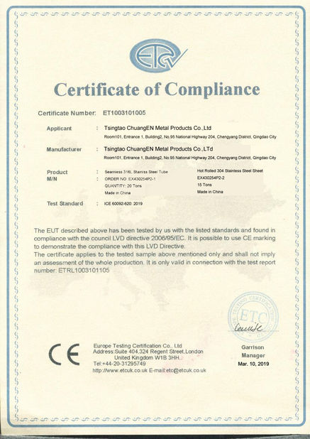 Китай Tsingtao ChuangEn Metal Products Co.,Ltd Сертификаты